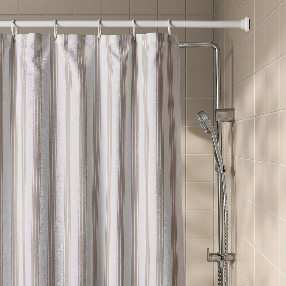 STAVBJÖRNBÄR Shower curtain, beige/white, 180x200 cm
