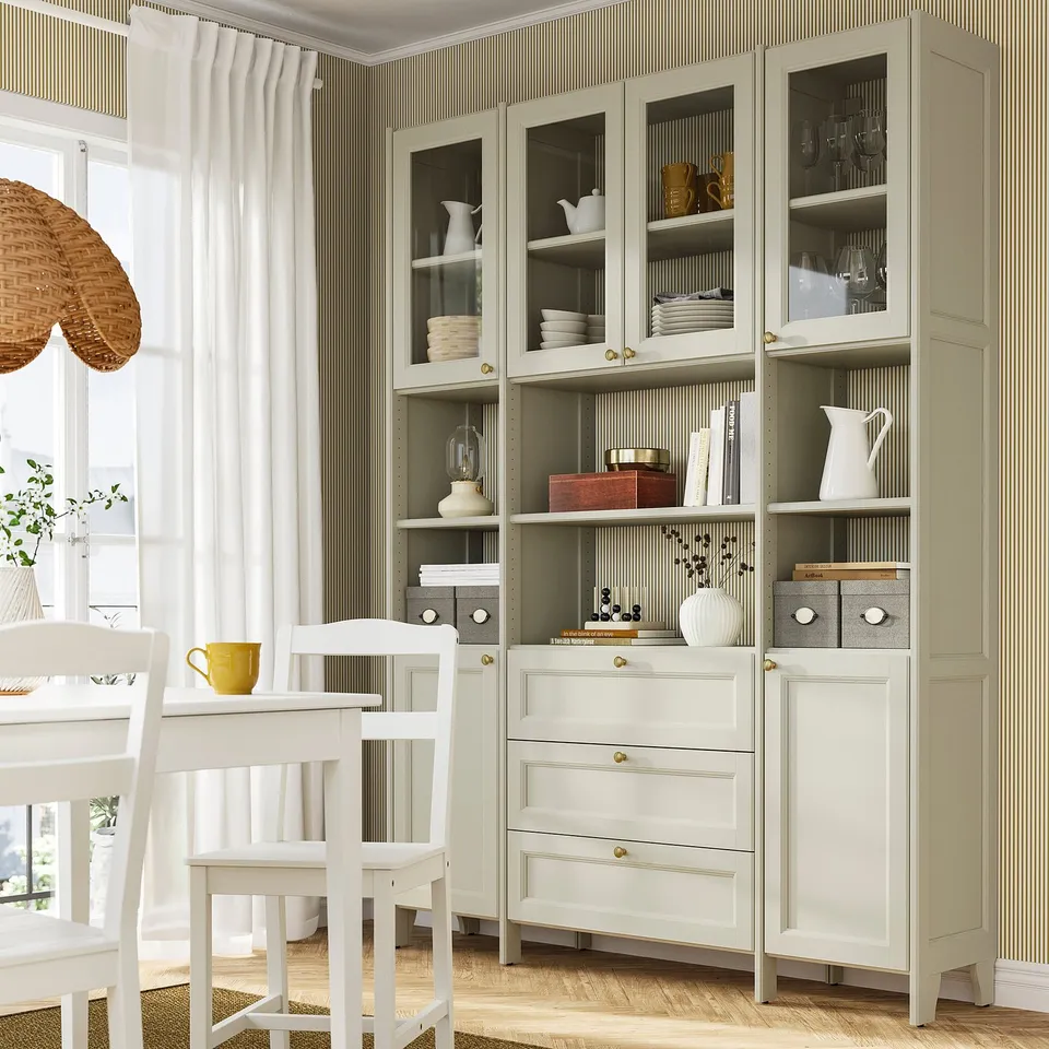GULDDRAGARE Storage combination, beige clear glass/with doors and shelves with 3 drawers, 162x37x216 cm