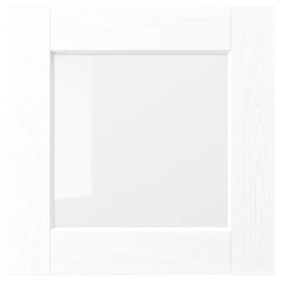 ENKÖPING white kitchen cabinet with tempered glass and wooden frame, simple and modern rectangular shape, durable and easy to clean.