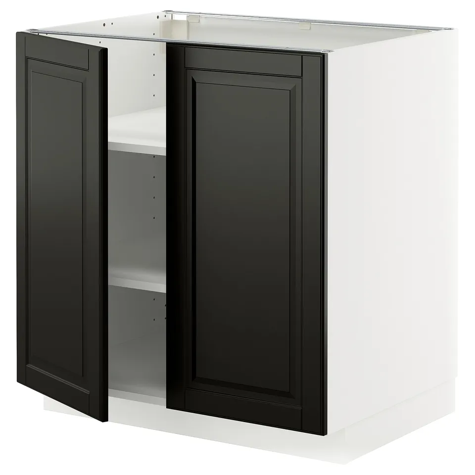 METOD kitchen unit with black bevelled doors, adjustable shelves, white base, square shape.