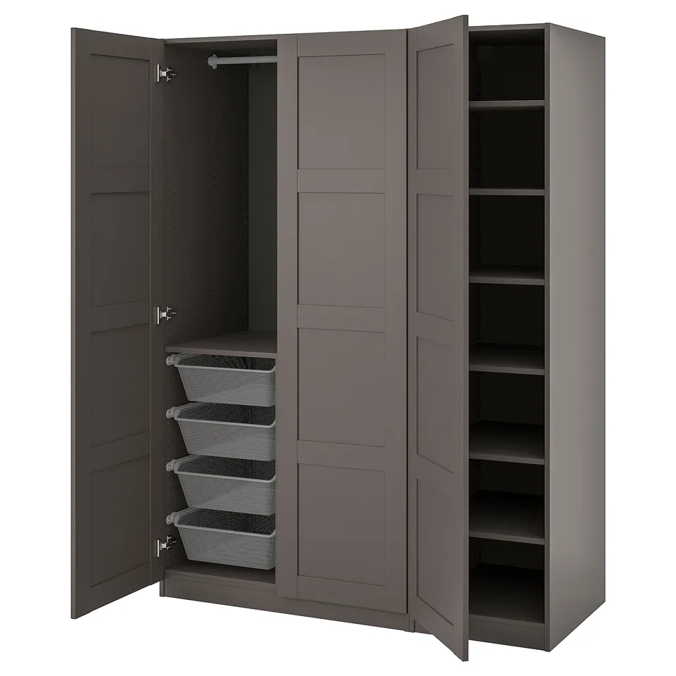An open grey PAX wardrobe with mesh baskets and shelves for storage.