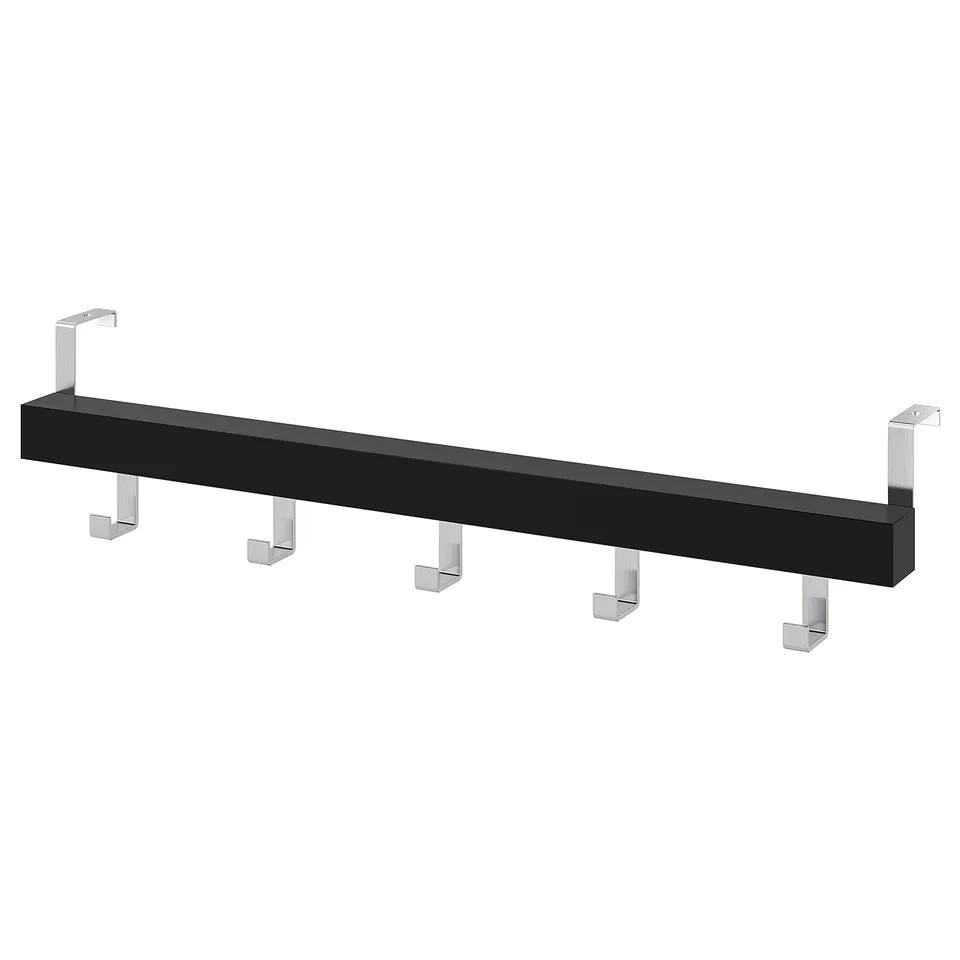 A TJUSIG hanger, black with stainless steel hooks, ideal for hanging clothes or accessories on walls or doors.