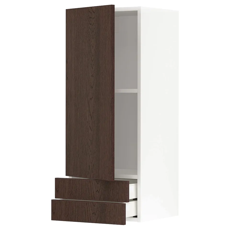 METOD kitchen cabinet, dark brown with oak veneer, pull-out drawer, adjustable shelf, sleek modern design.
