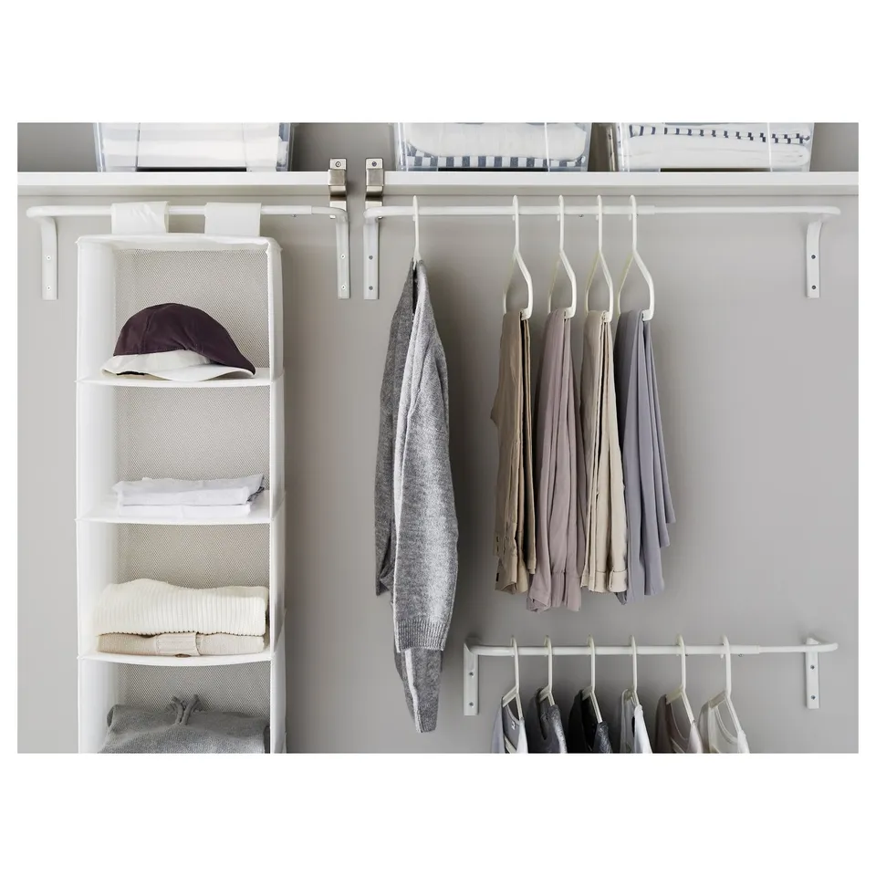 Closet organiser with adjustable shelves and hanging bars for clothes.