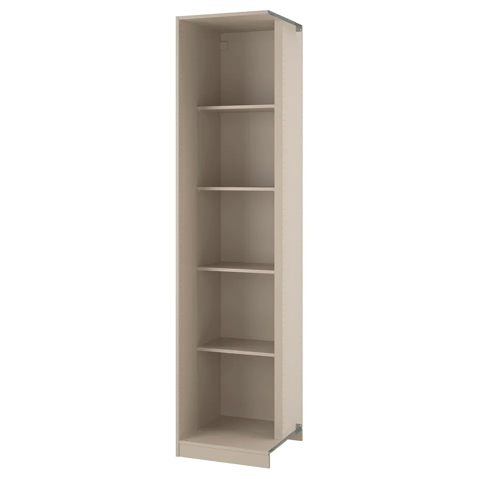 An ikea PAX corner cabinet in light beige. It three open shelves and is designed to fit into corners for efficient space use.
