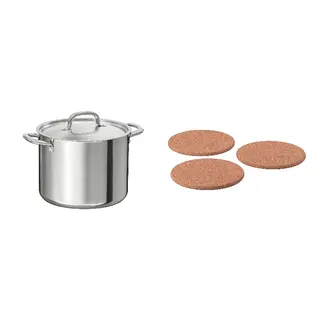 HEAT/IKEA set: pot with lid + pot stand, stainless steel + cork, Height 19 cm
