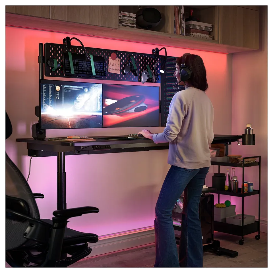 MÅLOMRÅDE Gaming desk sit/stand, with monitor arms/electric black, 180x80 cm