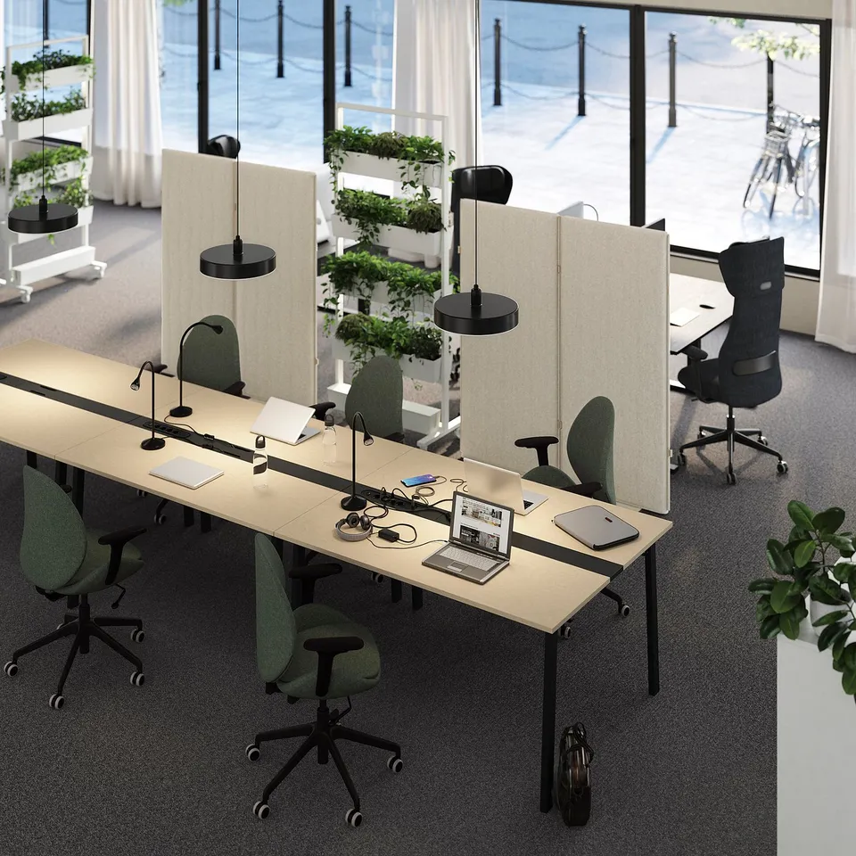 Modern office with light conference tables, green chairs, hanging lights, partitions, windows, and plants.