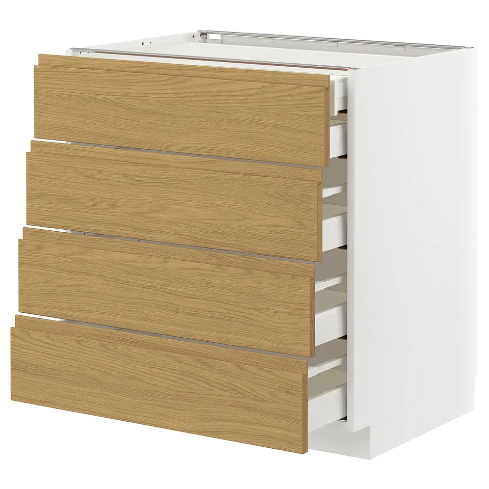 Modern white kitchen cabinet with oak drawers, minimalist design.