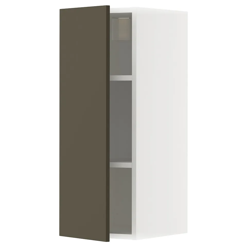 A white METOD kitchen cabinet with dark brown havstorp fronts, featuring two shelves inside.