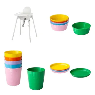 ANTILOP/KALAS set: highchair with tray + colorful bowl + colorful cup + colorful plate, white/white + mixed colours/seasonal edition, Width 56 x Depth 60 x Height 90 cm