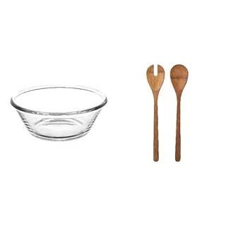 GRÖNSAKER/VARDAGEN set: serving bowl + 2-piece salad servers set, clear glass + bamboo, 20 cm