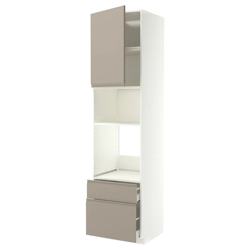 Métod kitchen unit, white and grey-beige, three sections with shelves and drawers, modern design.