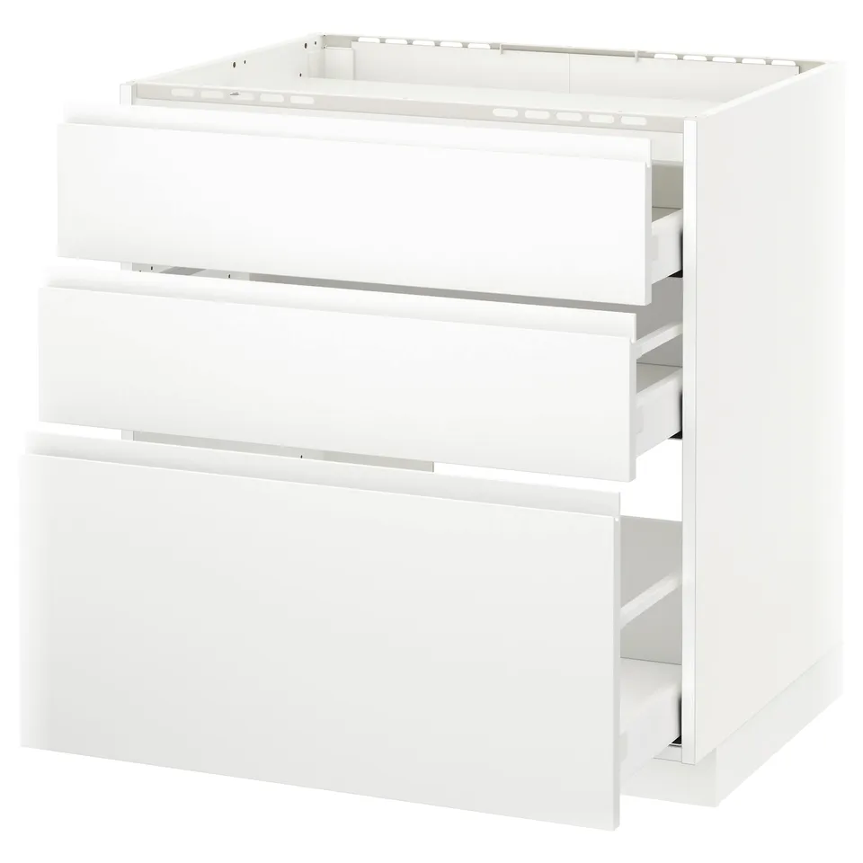 White METOD kitchen unit with three pull-out drawers, modern minimalist design.
