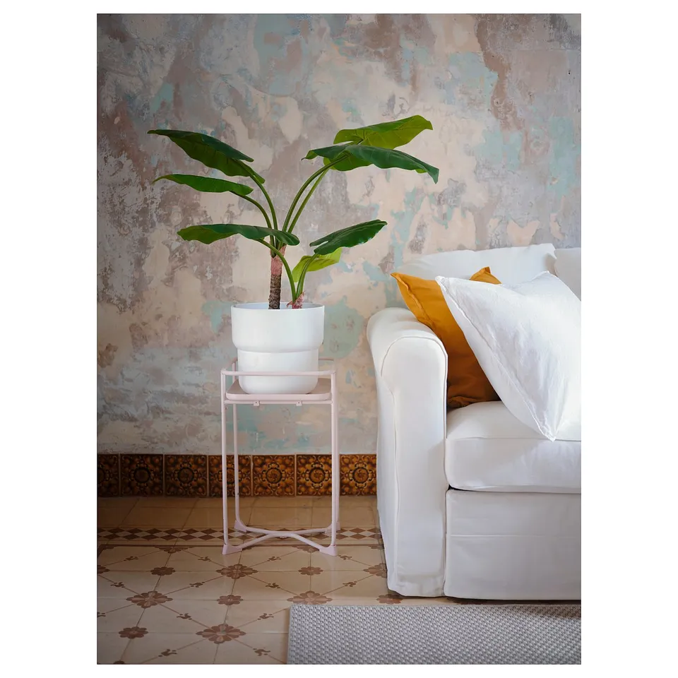 Modern room with couch, green plant, patterned floor.