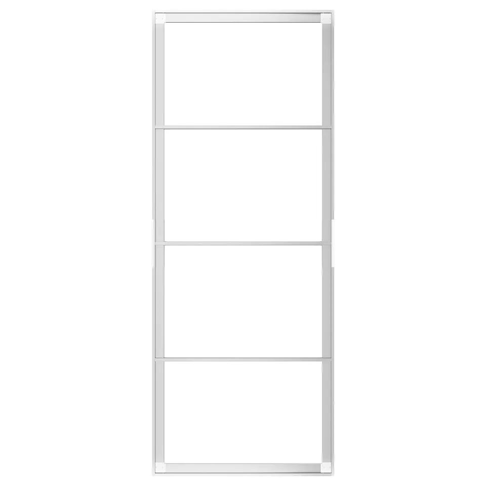 A SKYTTA silver metal sliding door frame, rectangular, with four empty shelves.