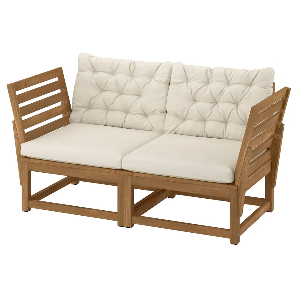 NÄMMARÖ 2-seat sofa, outdoor with armrest/light brown stained Kuddarna light grey-beige, 147 cm