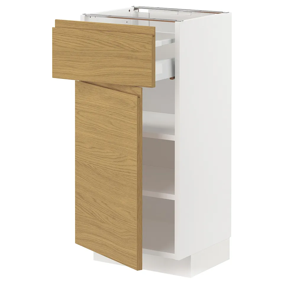 METOD kitchen unit with oak-look fronts, minimalist design, white and wood finish.