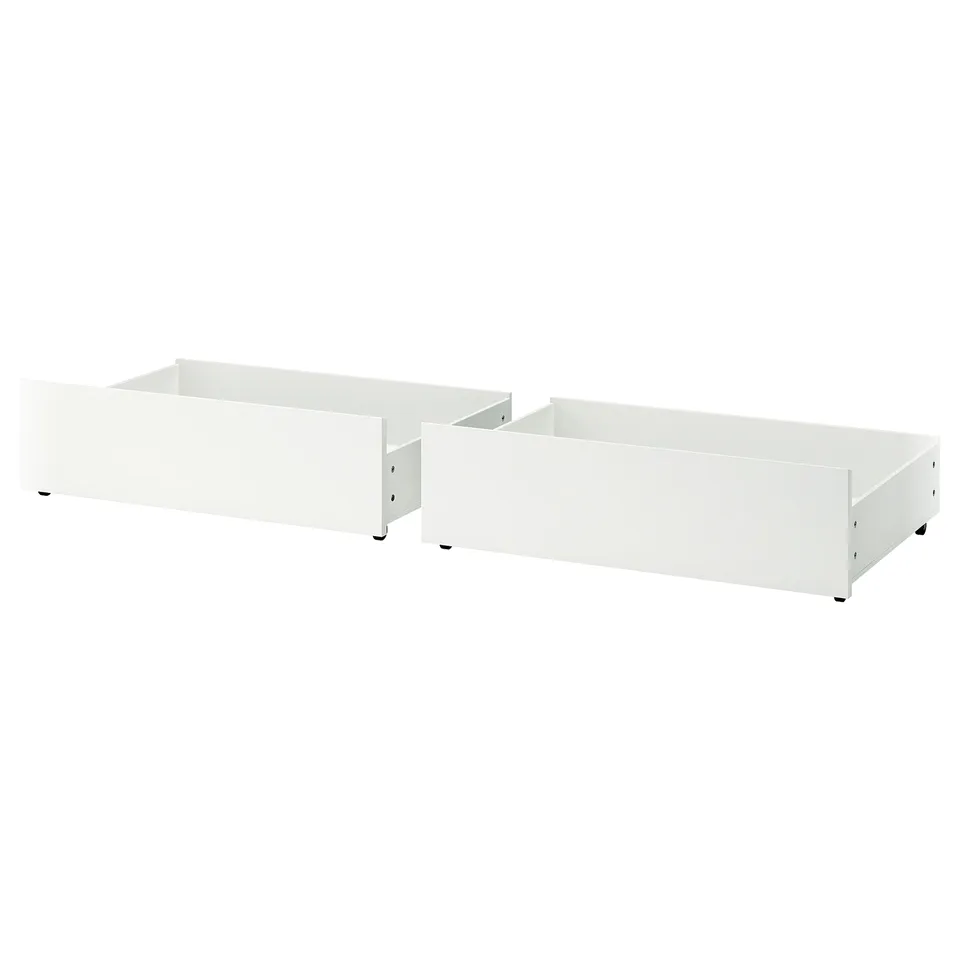 Two white MALM storage boxes with casters, rectangular shape.