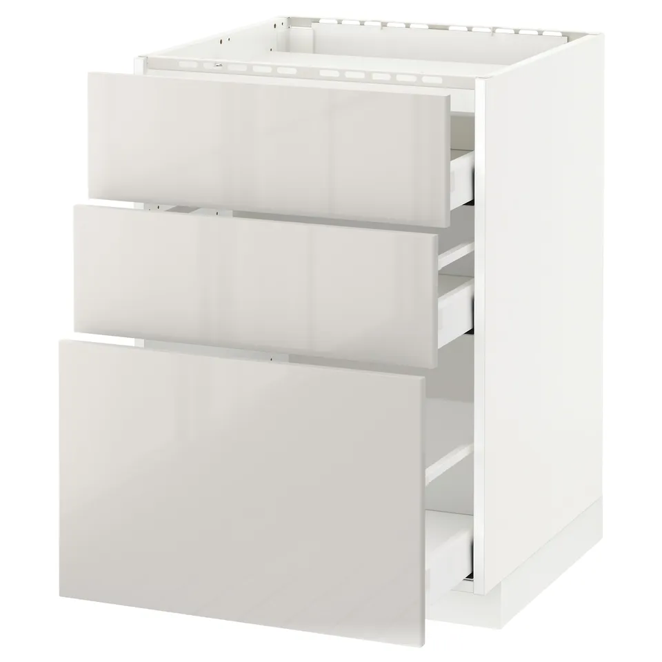 White METOD kitchen cabinet with three drawers, sleek and modern design, smooth-running drawers, glossy finish.