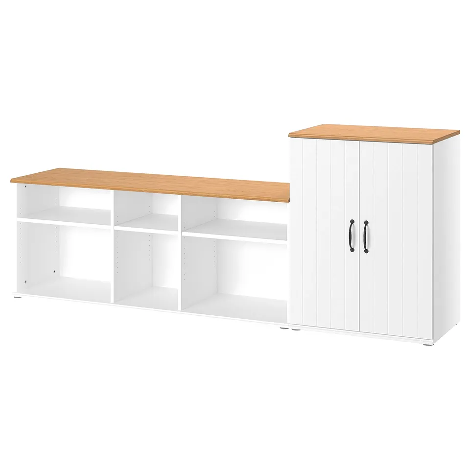 White SKRUVBY storage set: tv unit & cabinet, light wood top, adjustable shelves.