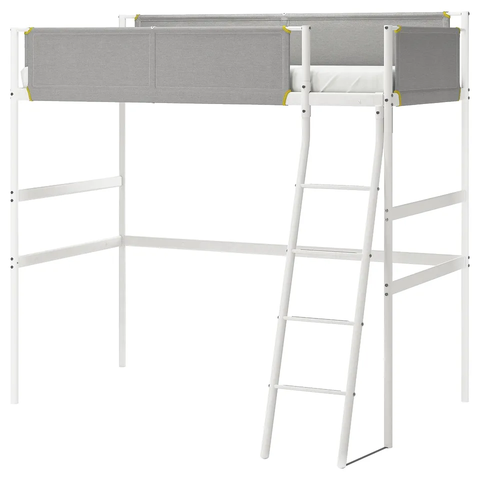 VITVAL white metal loft bed with grey fabric, yellow accents, safety rails, sturdy ladder for easy access.