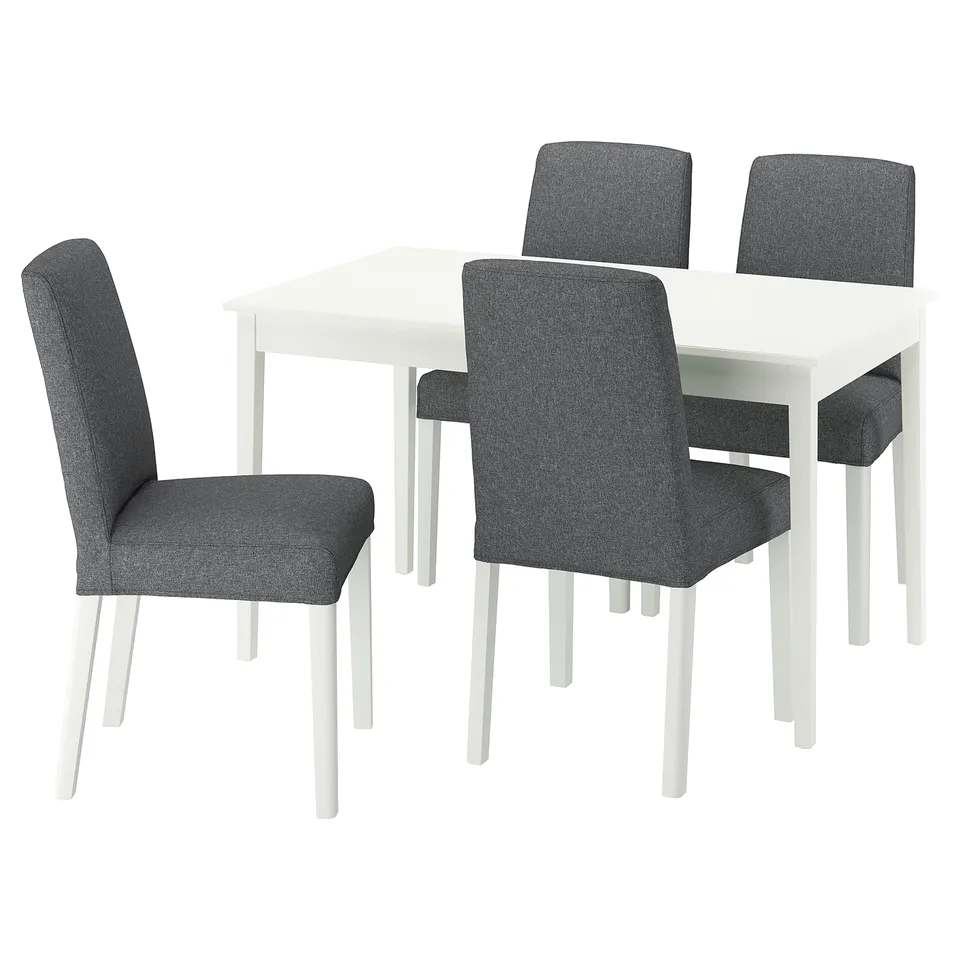 A white NÄSINGE dining set with a rectangular table and four grey upholstered chairs.