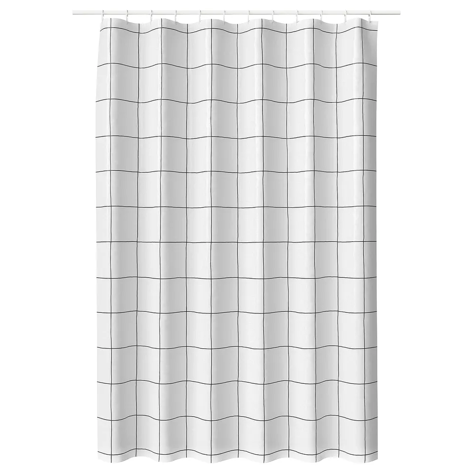 White JÄMTSTARR shower curtain, grid lines, recycled polyester, water-repellent.