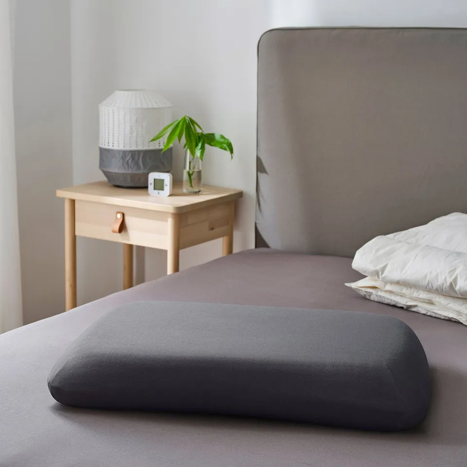 Bed with grey pillow, white sheets. Bedside table has lamp, plant, digital clock.
