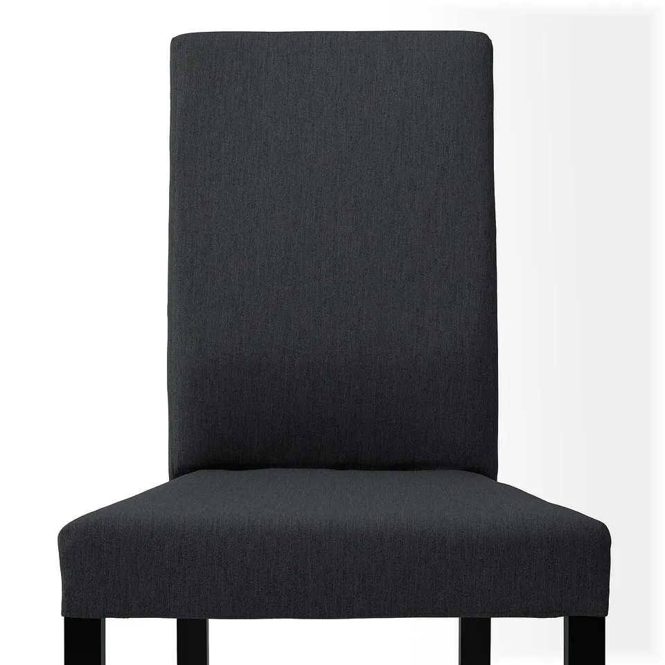 High-back dining chair with dark grey fabric, upholstered seat, modern design.