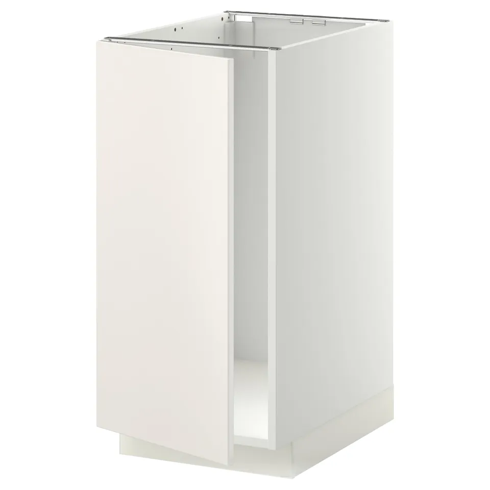 A white, rectangular base cabinet from the METOD kitchen system. Its designed with clean lines for a modern look.