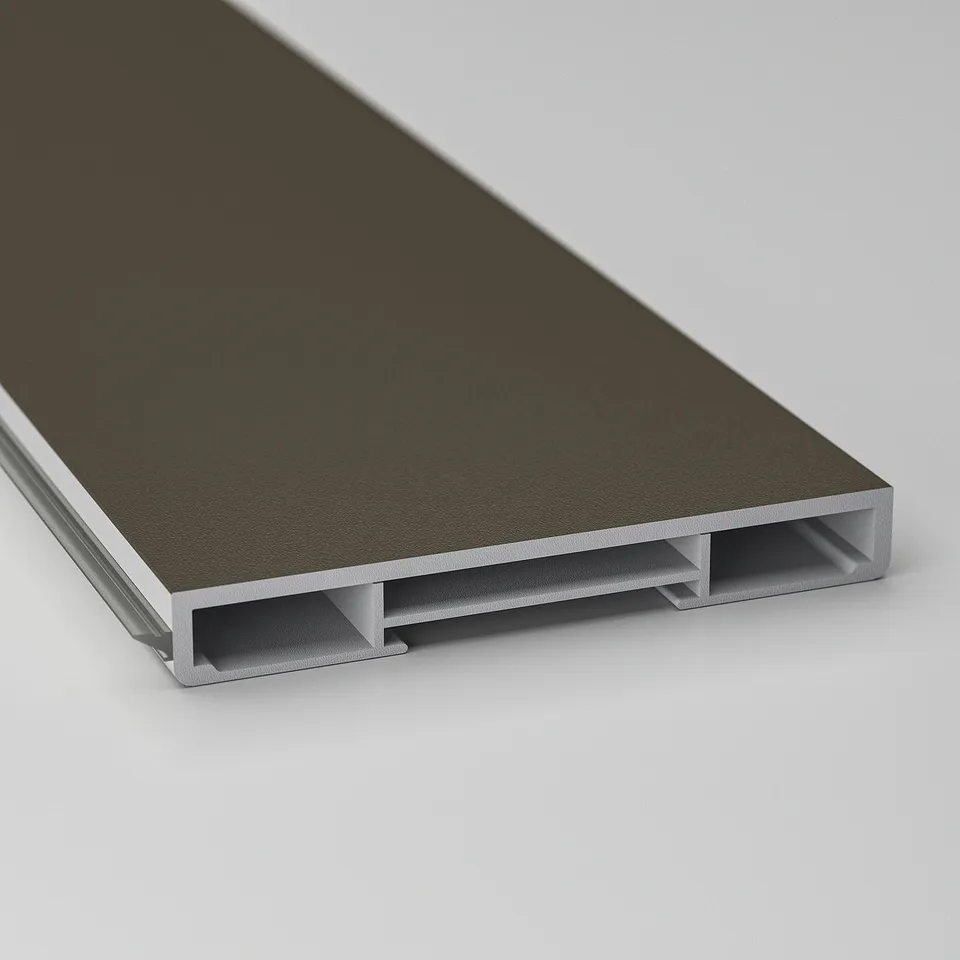 Dark brown kitchen cabinet plinth, sleek design, smooth finish.