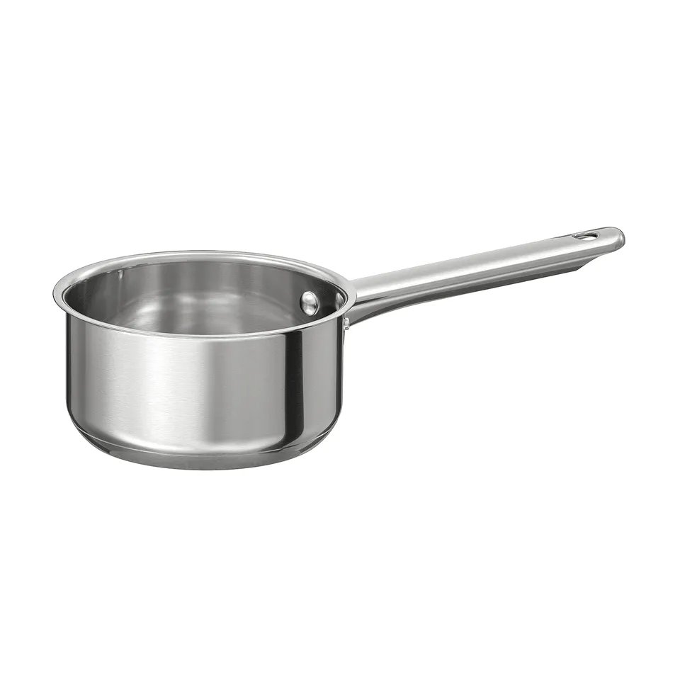IKEA 365+ silver saucepan, stainless steel, round bottom, long handle, polished finish.