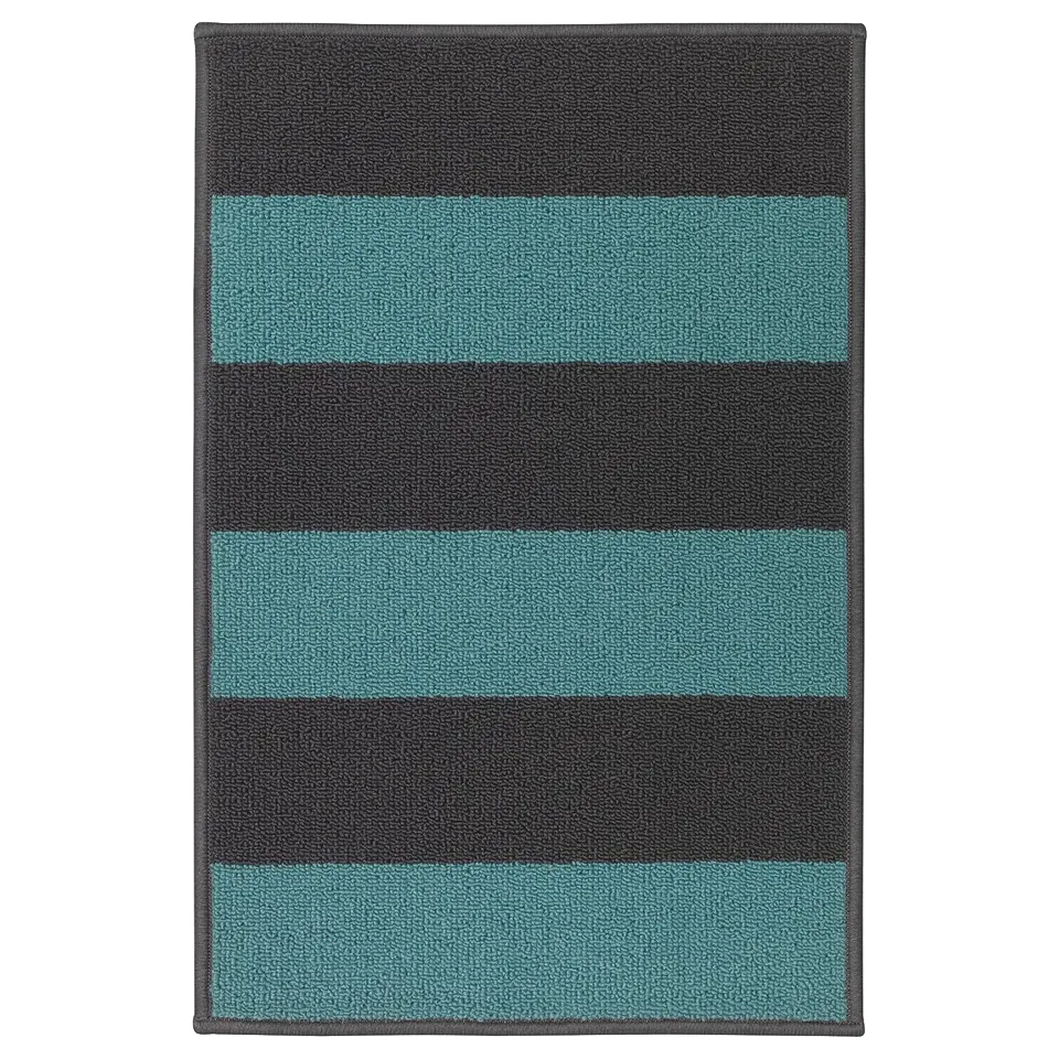 HALSTED striped door mat, grey and turquoise, rectangular with non-slip backing.