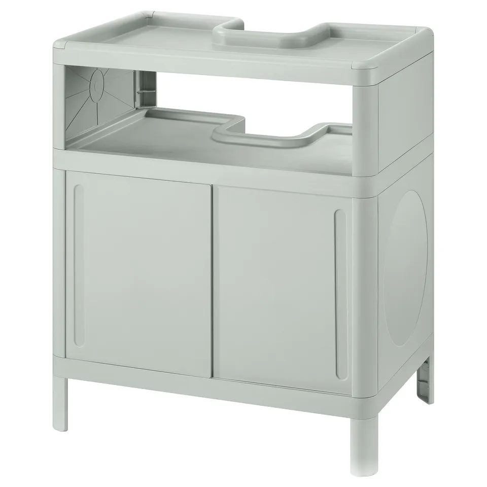 IVÖSJÖN light grey bathroom cabinet, modern design, mix of open and closed storage, sleek material, standing on four legs.