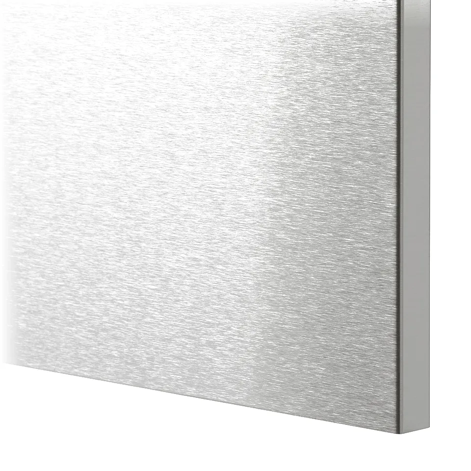 Close-up of sleek, brushed stainless steel panel, showcasing smooth, high-quality finish.