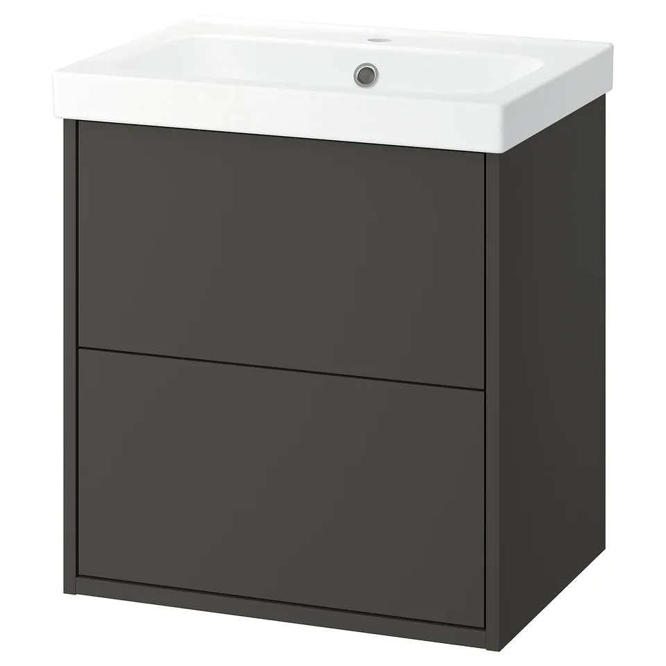 HAVBÄCK bathroom vanity in dark grey. Boxy design with 2 spacious drawers, sleek white sink. Mounts on wall or leg optionally.
