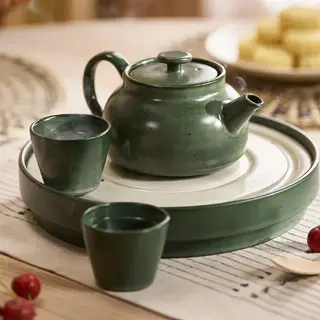 tea tray x1 + teapot x1 + teacup x2pieces set: tea tray + teapot + teacup, green, Height 5 cm