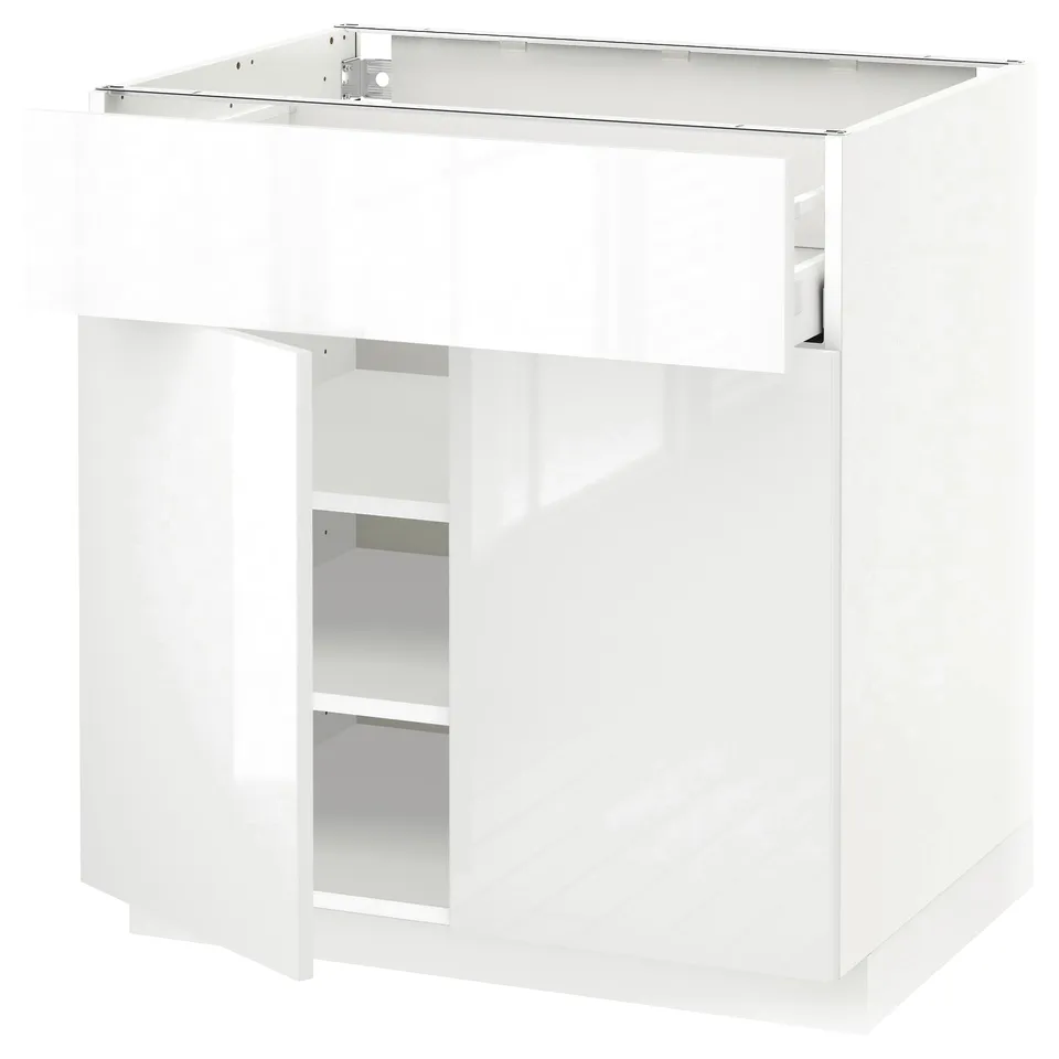 White high-gloss kitchen cabinet with small open shelf.