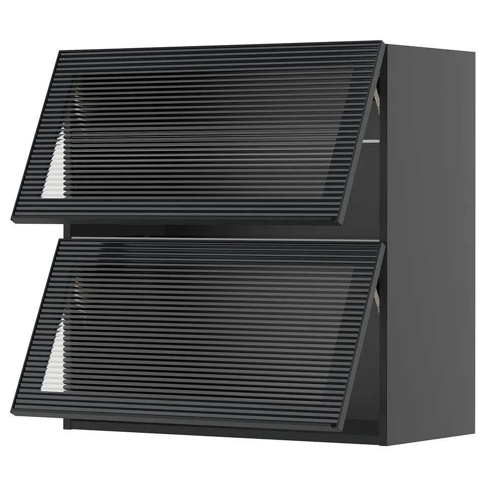 Modern black kitchen cabinet with sleek glass and reeded design.