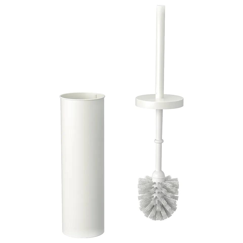 White ENUDDEN toilet brush & holder set. Cylindrical holder, long-handled brush with white bristles. Sleek & modern.