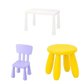 table + chair + stool set: children's table + children's chair + children's stool, in/outdoor white + in/outdoor/lilac + in/outdoor/yellow, 77x55 cm