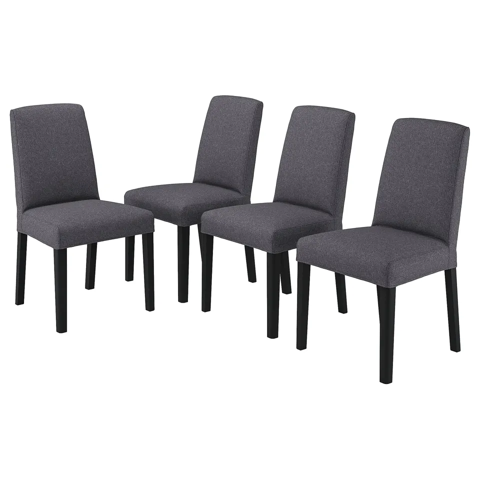 Four grey upholstered chairs with wooden legs, designed for comfort, arranged in a row.