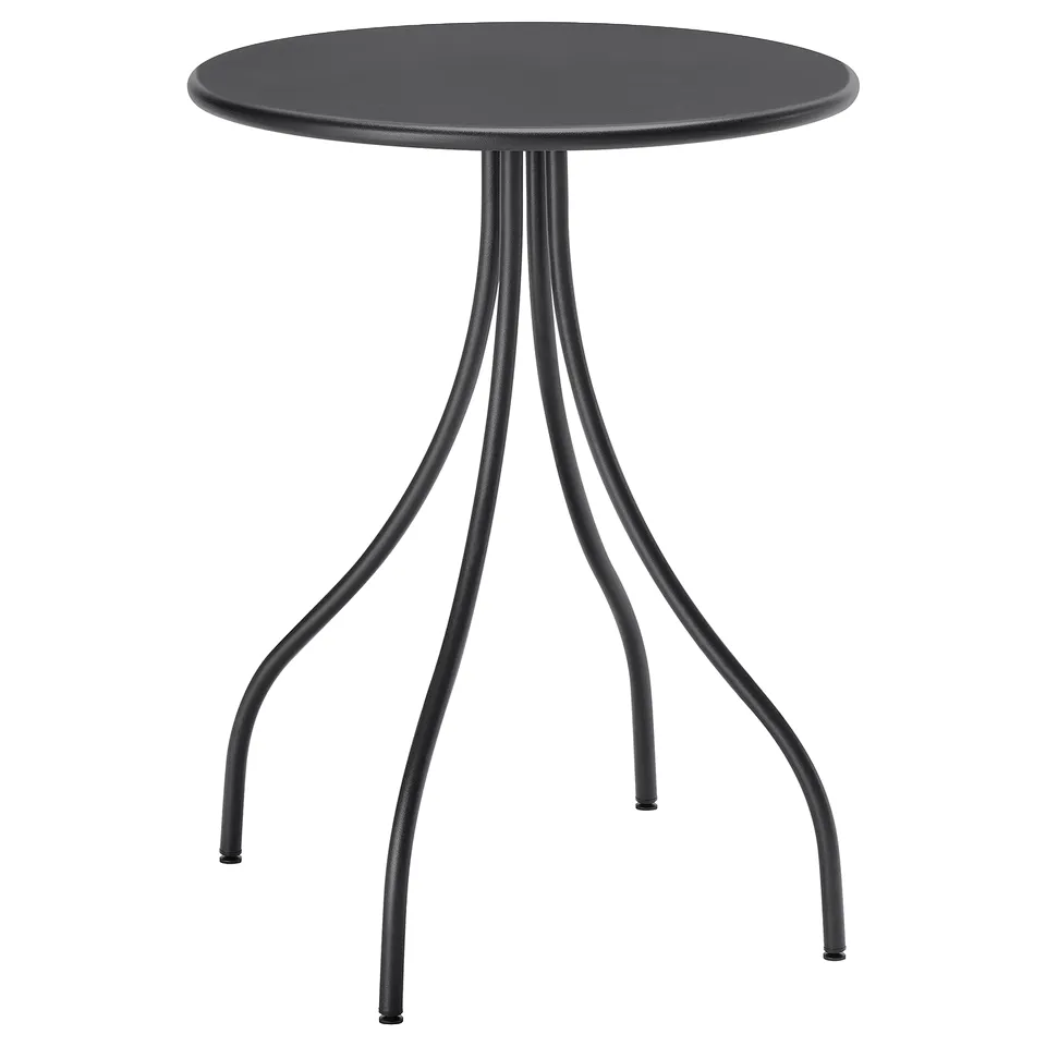 TÅNEBRO: sleek, black, round side table, three curved legs, metal.