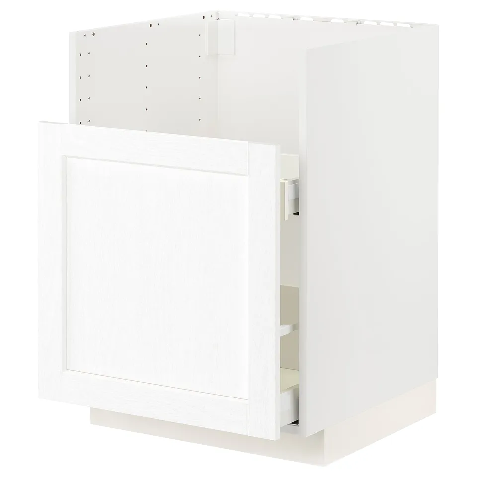 White ikea METOD kitchen cabinet with smooth, paneled doors and drawers. This version retains the key details of the original while being concise.