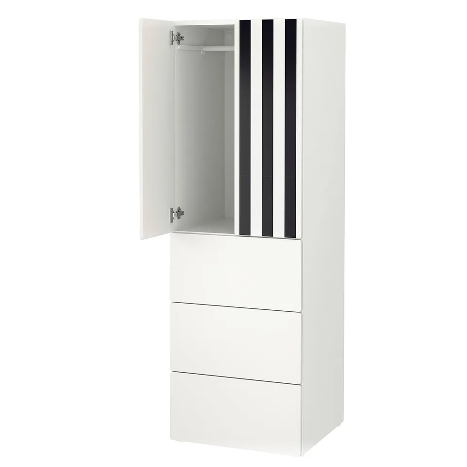 SMÅSTAD white wardrobe, black-white striped doors, drawers, adjustable height.