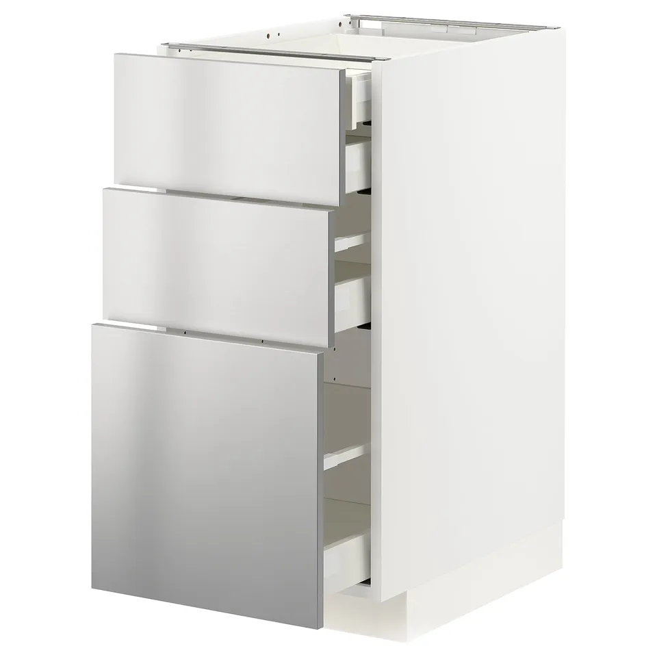 METOD kitchen unit with stainless steel drawers, sleek and modern design.