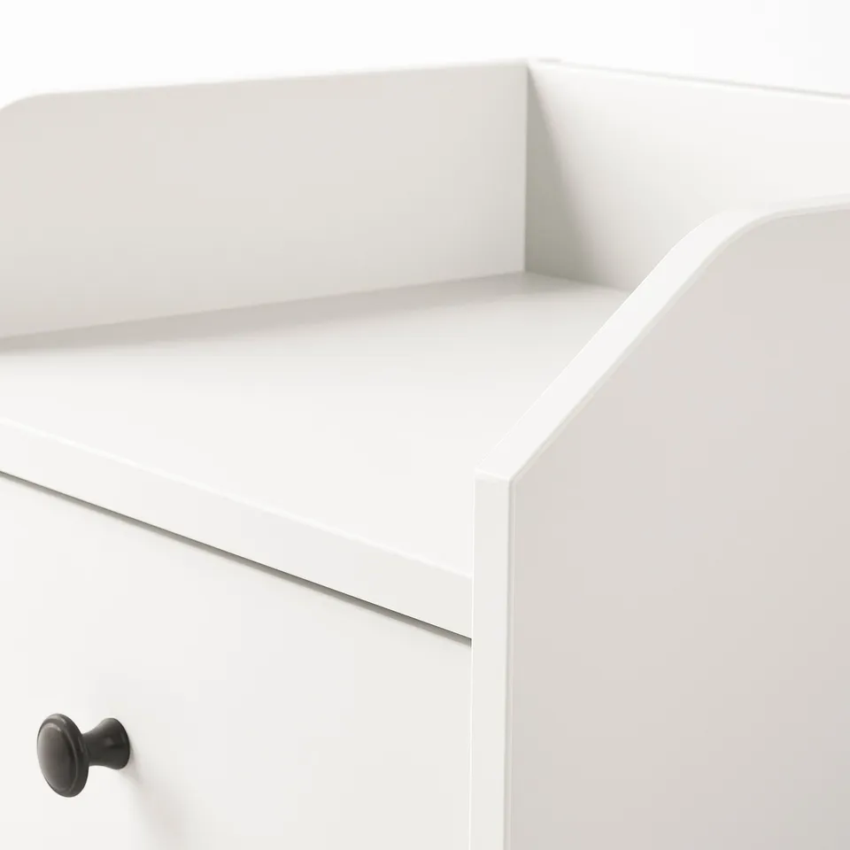 Clean, modern white chest with smooth surfaces, sleek edges, and black drawer handles, showcasing high-quality craftsmanship.