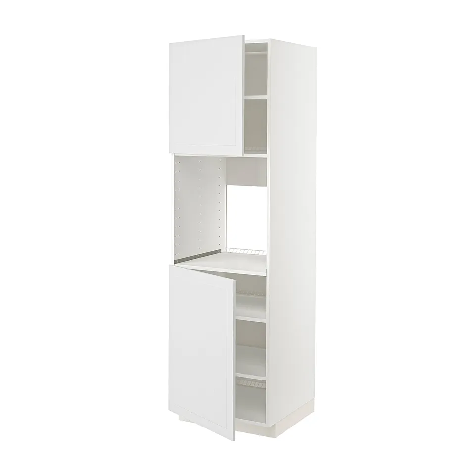 A white ikea METOD kitchen cabinet set with doors and shelves.