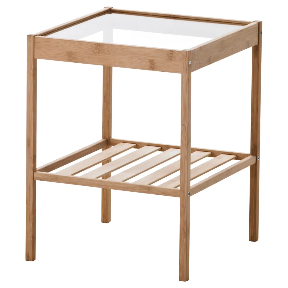 NESNA bamboo side table with glass top, natural colour, rectangular shape, simple design.